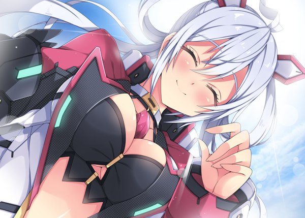 Anime picture 1000x715 with phantasy star phantasy star online 2 sega matoi (pso2) milkpanda single long hair blush breasts light erotic smile silver hair ahoge eyes closed girl hair ornament