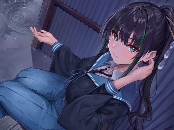 Anime picture 2240x1680 with original nagiha kuten single long hair looking at viewer blush fringe highres breasts black hair hair between eyes payot outdoors ponytail pleated skirt multicolored hair arm up aqua eyes from above wet