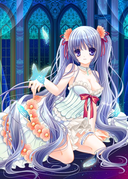 Anime picture 1034x1446 with single long hair tall image twintails purple eyes bare shoulders blue hair girl dress hair ornament ribbon (ribbons) insect butterfly