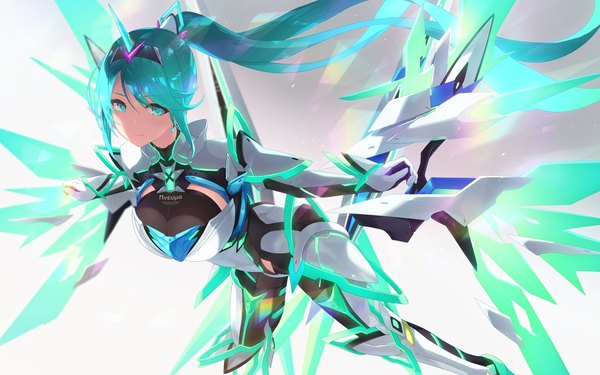 Anime picture 1920x1200 with xenoblade xenoblade 2 pneuma (xenoblade) cait single long hair looking at viewer fringe highres breasts simple background smile hair between eyes payot ponytail horn (horns) aqua eyes aqua hair gradient background floating hair