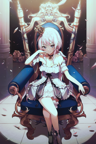 Anime picture 800x1200 with virtual youtuber indie virtual youtuber sola (vtuber) yampa single tall image looking at viewer fringe short hair blue eyes smile sitting bare shoulders payot pink hair indoors from above crossed legs frilled dress girl