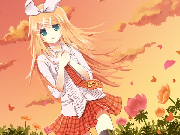 Anime picture 1024x768 with vocaloid kagamine rin shiramori yuse blue eyes blonde hair girl flower (flowers)