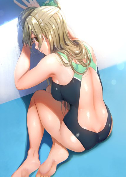 Anime picture 800x1120 with love live! school idol project sunrise (studio) love live! minami kotori kichiroku single long hair tall image looking at viewer fringe breasts light erotic smile brown hair large breasts sitting yellow eyes ass looking back barefoot