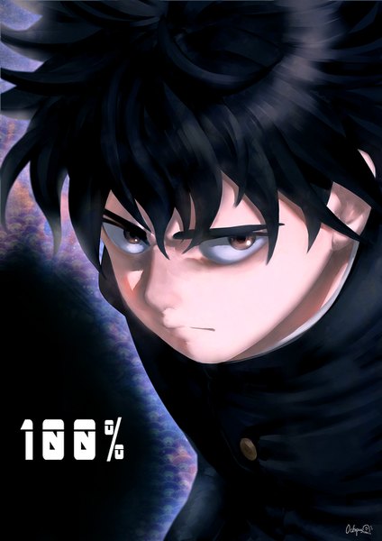 Anime picture 1000x1414 with mob psycho 100 studio bones kageyama shigeo octopus663 single tall image looking at viewer fringe short hair black hair simple background hair between eyes brown eyes signed upper body inscription black background aura boy uniform