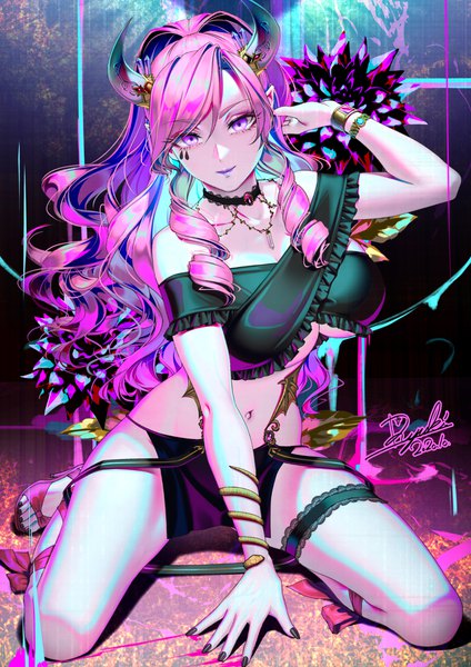 Anime picture 1358x1920 with original ryuki@maguro-ex single long hair tall image looking at viewer fringe breasts light erotic hair between eyes purple eyes signed pink hair full body nail polish multicolored hair arm up horn (horns) fingernails off shoulder