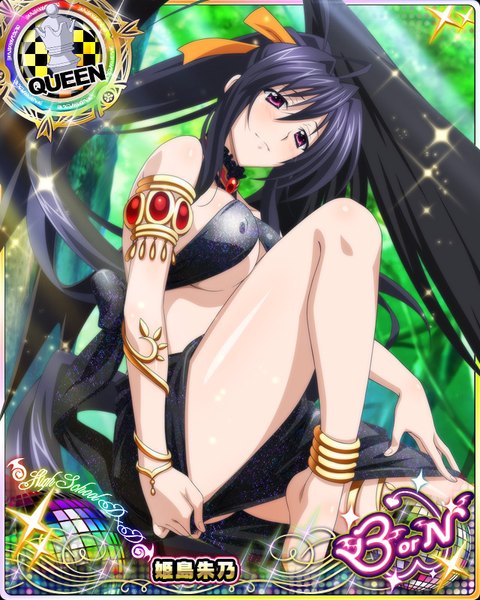 Anime picture 640x800 with highschool dxd himejima akeno single tall image looking at viewer blush breasts light erotic black hair purple eyes bare shoulders ponytail very long hair bare legs card (medium) girl wings bracelet