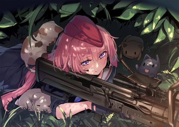 Anime picture 1500x1063 with girls frontline ntw-20 (girls frontline) yaguo single long hair blush fringe hair between eyes purple eyes looking away pink hair outdoors lying parted lips on stomach girl gloves weapon animal black gloves