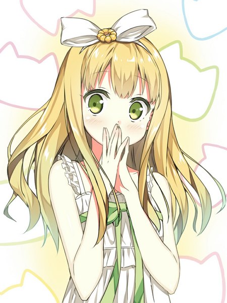 Anime picture 750x1000 with hentai ouji to warawanai neko j.c. staff azuki azusa sky-freedom single long hair tall image looking at viewer blush blonde hair green eyes hands clasped surprised girl dress hair ornament ribbon (ribbons) white dress sundress