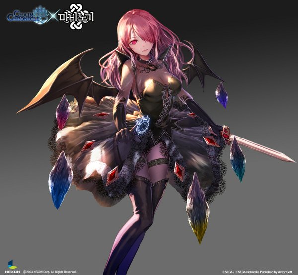 Anime picture 1026x944 with mabinogi chain chronicle sega succubus (mabinogi) jname single long hair looking at viewer fringe simple background red eyes pink hair hair over one eye magic demon girl bat wings logo fishnet girl thighhighs