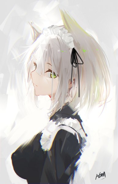 Anime picture 3600x5600 with arknights kal'tsit (arknights) omone hokoma agm single tall image looking at viewer fringe highres short hair breasts simple background hair between eyes green eyes signed animal ears absurdres silver hair upper body cat ears cat girl