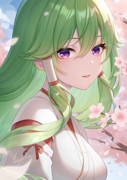 Anime picture 2480x3508 with genshin impact kuki shinobu lightria single long hair tall image looking at viewer fringe highres hair between eyes purple eyes upper body traditional clothes japanese clothes green hair cherry blossoms miko girl hair tubes