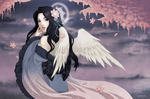 Anime picture 1283x850 with lowenael single long hair black hair bare shoulders signed long sleeves traditional clothes japanese clothes looking back hair flower lips grey eyes angel wings girl hair ornament flower (flowers) petals wings kimono