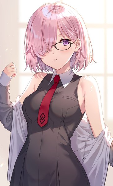 Anime picture 840x1385 with fate (series) fate/grand order mash kyrielight kuroki (ma-na-tu) single tall image fringe short hair purple eyes bare shoulders pink hair upper body hair over one eye covered navel girl glasses necktie