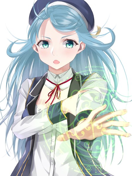 Anime picture 2250x3000 with kenja no mago sicily von claude sizilien von klode naruse (0819) single long hair tall image looking at viewer blush fringe highres open mouth simple background white background blue hair upper body long sleeves aqua eyes wind magic