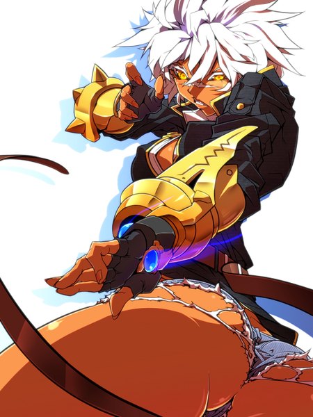 Anime picture 1050x1400 with blazblue bullet (blazblue) jin (mugenjin) tall image short hair breasts light erotic yellow eyes ass white hair teeth thighs torn clothes dark skin scar angry sharp teeth girl gloves jacket