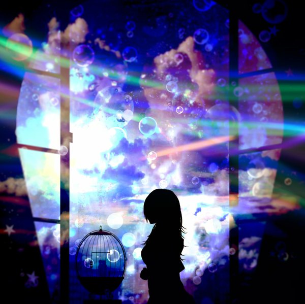 Anime picture 1741x1740 with original harada miyuki single long hair highres sky cloud (clouds) profile back wavy hair abstract girl bubble (bubbles) cage