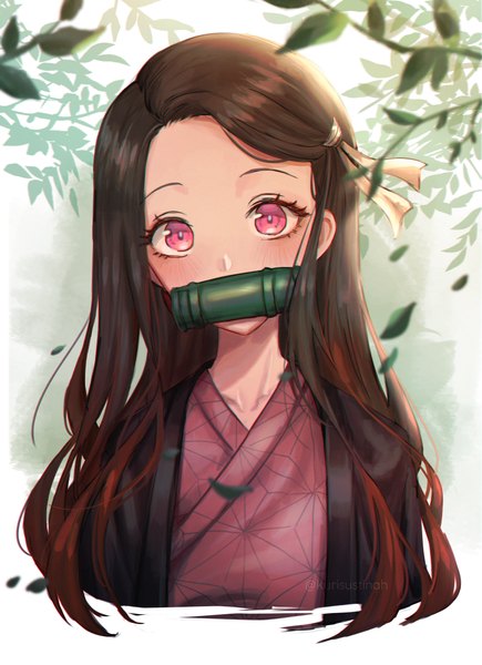 Anime picture 3300x4544 with kimetsu no yaiba original ufotable kamado nezuko expulse single long hair tall image looking at viewer blush highres simple background brown hair holding absurdres traditional clothes head tilt japanese clothes pink eyes mouth hold