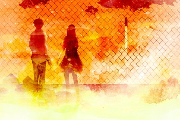 Anime picture 1000x667 with original atha29 long hair short hair black hair standing sky cloud (clouds) from behind sunlight couple holding hands orange background girl dress boy building (buildings) fence rocket