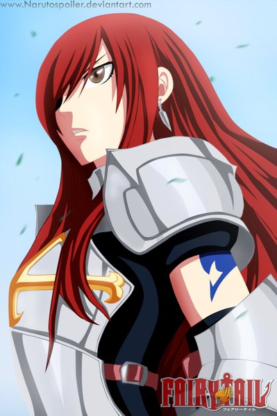 Anime picture 1500x2253 with fairy tail erza scarlet i-azu single long hair tall image fringe sky red hair hair over one eye inscription grey eyes tattoo coloring girl earrings