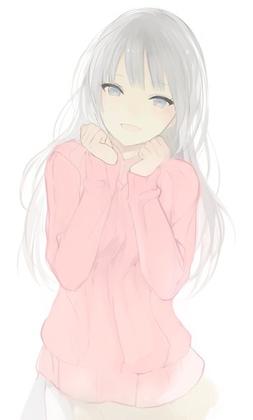 Anime picture 544x900 with original lpip single long hair tall image looking at viewer fringe open mouth simple background smile white background head tilt :d grey hair grey eyes girl skirt sweater fist