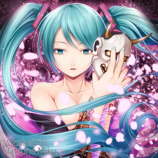 Anime picture 1500x1500 with vocaloid hatsune miku m2 (speedyage) single looking at viewer breasts light erotic twintails bare shoulders very long hair aqua eyes aqua hair tattoo girl petals mask