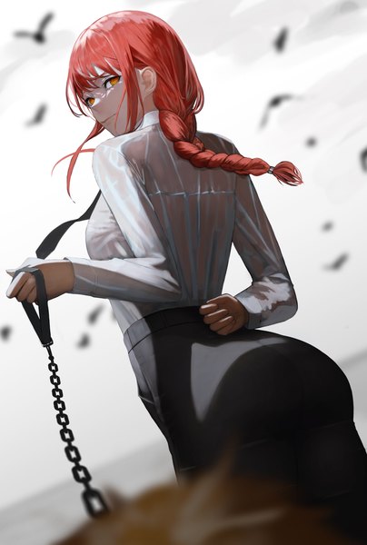 Anime picture 4719x7000 with chainsaw man mappa makima (chainsaw man) denji (chainsaw man) ganet p single long hair tall image looking at viewer highres red eyes absurdres red hair braid (braids) looking back single braid arm behind back girl shirt white shirt