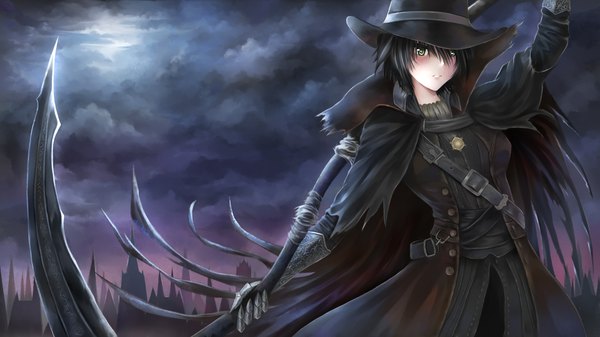 Anime picture 3840x2160 with bloodborne from software hunter (bloodborne) elrem single looking at viewer fringe highres short hair black hair hair between eyes wide image green eyes absurdres cloud (clouds) arm up night girl weapon hat