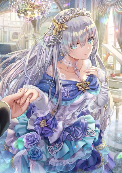 Anime picture 1200x1697 with fate (series) fate/grand order anastasia (fate) torino aqua long hair tall image looking at viewer fringe breasts open mouth blue eyes standing payot silver hair indoors fingernails hair over one eye lens flare holding hands hand on chest