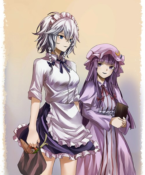 Anime picture 915x1100 with touhou izayoi sakuya patchouli knowledge eredhen long hair tall image fringe short hair blue eyes simple background smile purple eyes multiple girls looking away silver hair purple hair braid (braids) maid twin braids gradient background