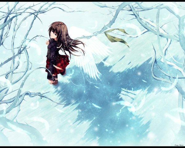 Anime picture 1280x1024 with pianissimo shirakawa ayane sugina miki single long hair looking at viewer fringe blue eyes hair between eyes brown hair pleated skirt looking back from above wind scan official art shadow partially submerged plaid skirt snowing