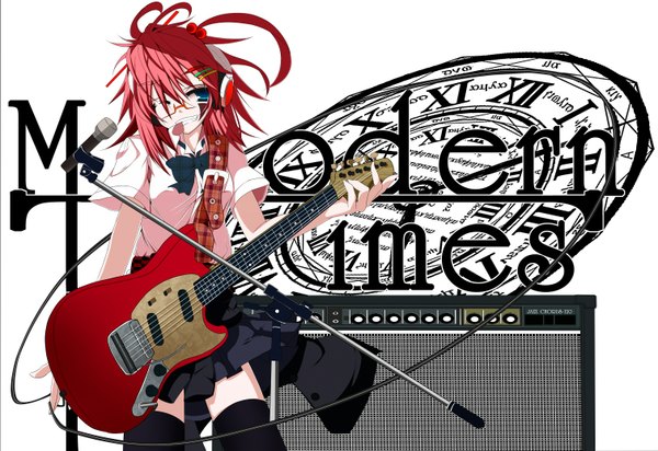 Anime picture 1510x1039 with original sukage single blue eyes red hair one eye closed wink girl thighhighs skirt hair ornament black thighhighs miniskirt glasses hairclip headphones microphone wire (wires) guitar microphone stand