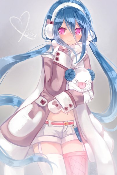 Anime picture 732x1090 with league of legends jinx (league of legends) shouu-kun single tall image looking at viewer blush fringe smile twintails blue hair very long hair pink eyes grey background bare belly girl thighhighs navel animal white thighhighs
