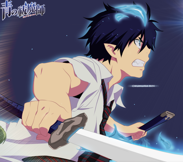 Anime picture 2111x1882 with ao no exorcist a-1 pictures okumura rin gold-mk single highres short hair black hair profile aqua eyes pointy ears inscription grin coloring magic angry boy weapon shirt sword