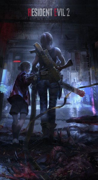 Anime picture 1039x1900 with resident evil claire redfield sherry birkin stu dts long hair tall image multiple girls holding outdoors ponytail from above from behind night hair bun (hair buns) copyright name text walking crosswalk girl weapon