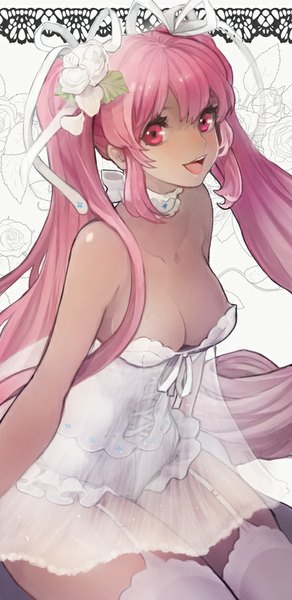 Anime picture 450x924 with vocaloid hatsune miku sakura miku cocorip (riprip) single tall image looking at viewer breasts open mouth light erotic smile large breasts twintails pink hair very long hair :d pink eyes alternate costume girl thighhighs