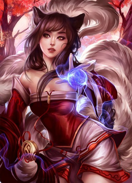 Anime picture 800x1113 with league of legends ahri (league of legends) mazarinem single long hair tall image black hair bare shoulders animal ears yellow eyes looking away tail traditional clothes animal tail fox ears magic fox tail fox girl multiple tails girl