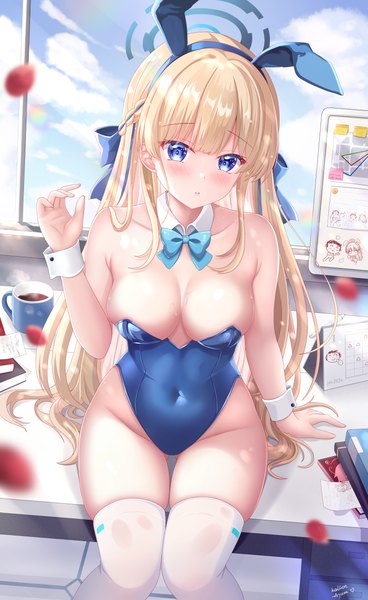 Anime picture 4787x7798 with blue archive toki (blue archive) toki (bunny) (blue archive) sensei (blue archive) doodle sensei (blue archive) kallen ayase single long hair tall image looking at viewer blush fringe highres breasts blue eyes light erotic blonde hair large breasts sitting bare shoulders