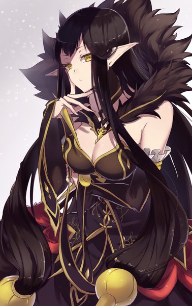 Anime picture 630x1000 with fate (series) fate/apocrypha semiramis (fate) kusaka kou single long hair tall image looking at viewer breasts black hair yellow eyes cleavage pointy ears fur trim shaded face hand on face girl hair ornament detached sleeves fur