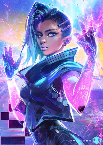 Anime picture 650x910 with overwatch blizzard entertainment sombra (overwatch) rossdraws (ross tran) single long hair tall image looking at viewer blue eyes signed upper body parted lips realistic lipstick dark skin glowing watermark pink lipstick undercut girl