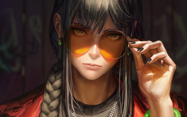 Anime picture 5000x3125 with original guweiz single long hair looking at viewer fringe highres black hair hair between eyes payot absurdres upper body braid (braids) nail polish arm up realistic single braid black nail polish hair over shoulder adjusting sunglasses
