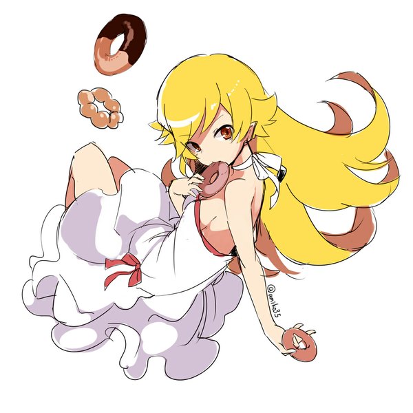 Anime picture 1000x1000 with bakemonogatari shaft (studio) monogatari (series) oshino shinobu umiko (munemiu) single long hair blonde hair simple background white background bare shoulders brown eyes signed looking away pointy ears eating girl dress food sundress