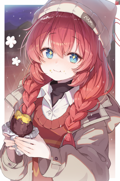 Anime picture 2842x4264 with blue archive maki (blue archive) maki (camp) (blue archive) misyune single long hair tall image looking at viewer fringe highres blue eyes hair between eyes upper body red hair open jacket official alternate costume border eating outside border food on face