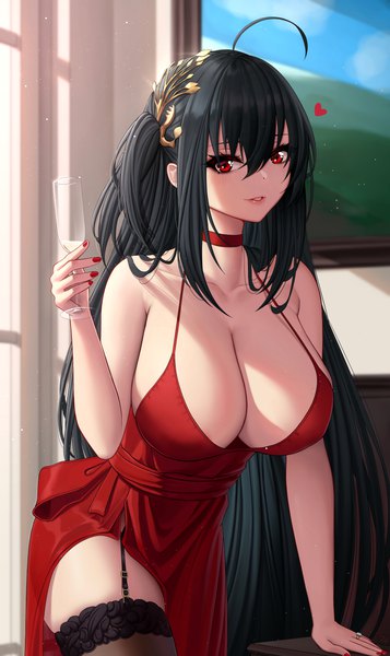 Anime picture 2425x4074 with azur lane taihou (azur lane) taihou (forbidden feast) (azur lane) zaphn single tall image looking at viewer blush fringe highres breasts light erotic black hair smile hair between eyes red eyes standing holding payot cleavage
