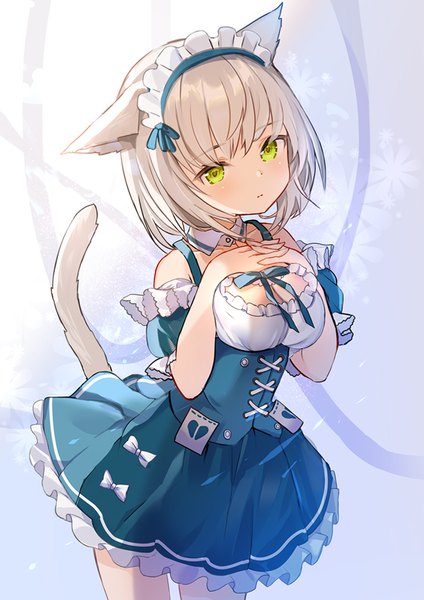 Anime picture 707x1000 with original rk (rktorinegi) single tall image looking at viewer blush fringe short hair breasts standing green eyes animal ears cleavage tail head tilt animal tail cat ears maid cat girl cat tail