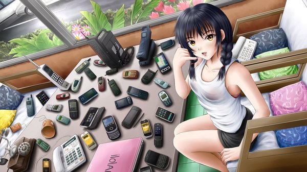Anime picture 1920x1080 with original ilolamai single looking at viewer highres short hair open mouth black hair wide image sitting yellow eyes braid (braids) twin braids girl flower (flowers) shorts table phone laptop