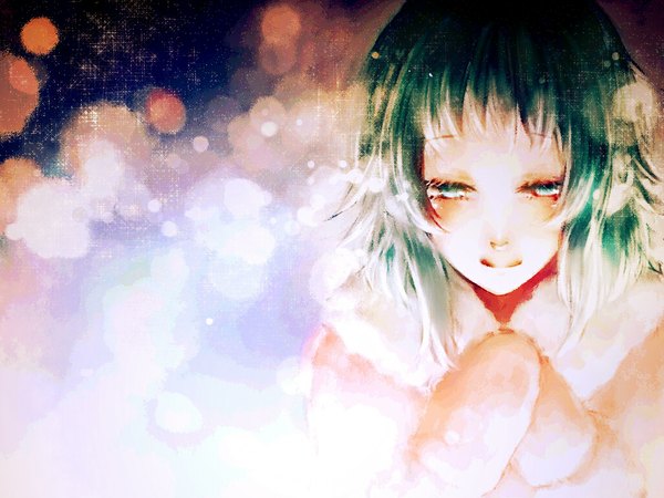 Anime picture 1024x768 with vocaloid gumi ohagi (ymnky) single blush short hair smile green eyes green hair night snowing exhalation cold girl mittens