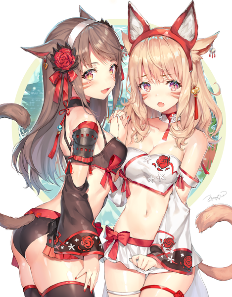 Anime picture 1000x1278 with final fantasy final fantasy xiv square enix miqo'te momoko (momopoco) long hair tall image looking at viewer blush fringe breasts open mouth light erotic blonde hair simple background brown hair standing purple eyes bare shoulders multiple girls