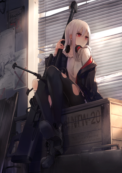 Anime picture 1191x1684 with original eisuto single long hair tall image blush fringe light erotic hair between eyes red eyes sitting holding payot looking away full body bent knee (knees) white hair indoors parted lips off shoulder