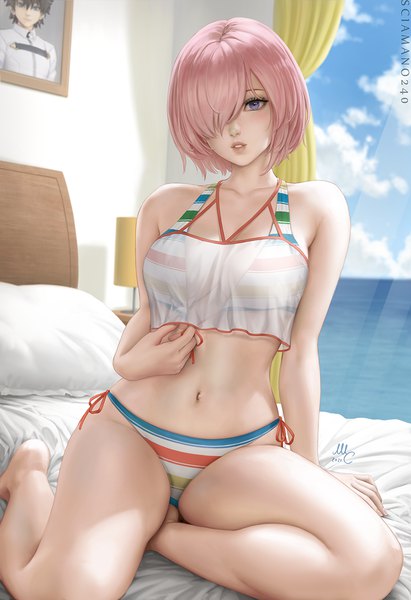 Anime picture 849x1240 with fate (series) fate/grand order mash kyrielight fujimaru ritsuka (male) mash kyrielight (swimsuit of perpetual summer ver.02) sciamano240 single tall image looking at viewer blush fringe short hair breasts light erotic large breasts sitting purple eyes signed pink hair sky