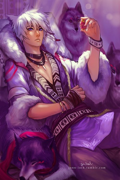 Anime picture 600x900 with original jon-lock (artist) single tall image short hair purple eyes holding animal ears white hair sunlight open jacket reclining wolf ears boy gloves animal jacket bracelet scarf pillow